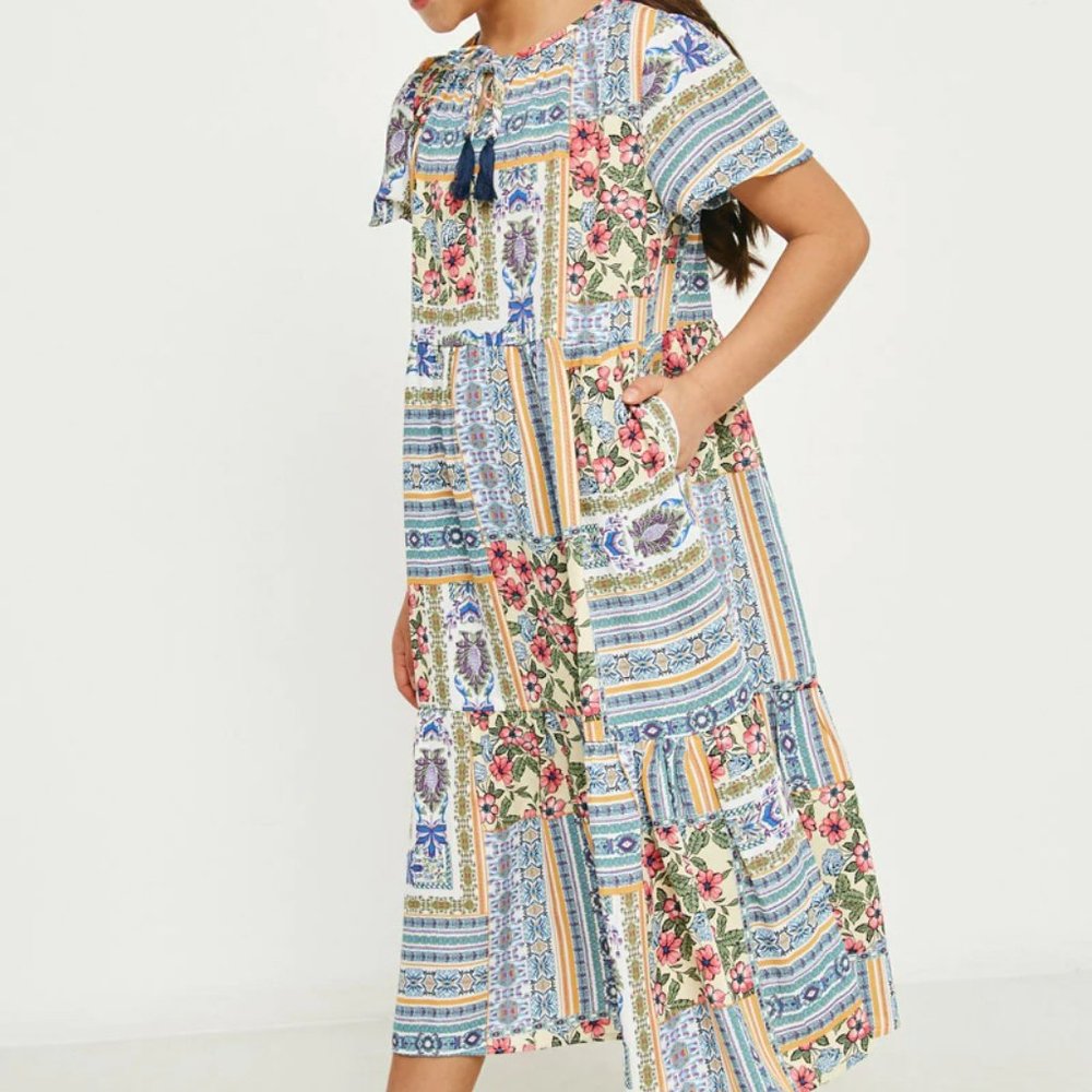 Girls Floral Print Blue & Pink Casual Formal NWT Midi Dress - FINAL CLEARANCE